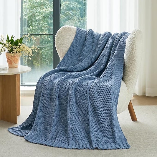 Amélie Home Chevron Chenille Knit Throw Blanket for Couch Bed, Classic Texture Decorative Soft Blanket for Sofa, Chair & Bedroom, 50"x60", Blue