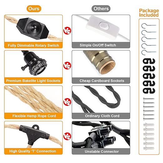 Pendant Light Cord Kit with Dimmer Switch, 28.5ft Dimmable Plug in Hanging Light with Triple E26 Base Light Socket, Vintage Twisted Hemp Rope Farmhouse Hanging Light Fixture for Bedroom Living Room