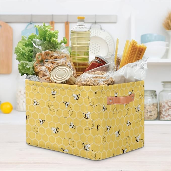 2Pack Yellow with Bees Large Collapsible Storage Bins,Honey Honeycombs Decorative Canvas Fabric Storage Boxes Organizer with Handles,Rectangular Shelves Baskets Box for Home Office Nursery Closet