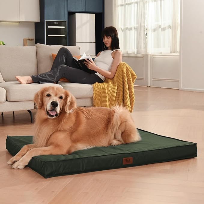 Outdoor Dog Bed for Medium Dogs, Waterproof Dog Crate Mat Orthopedic Egg Crate Foam Pet Bed with Washable Removable Oxford Cover, Dark Green