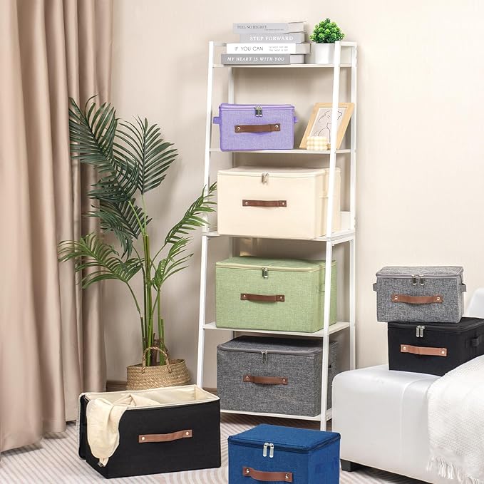 Storage Bins with Zipper Lid Foldable Fabric Lidded Storage Boxes Baskets Cubes Washable Collapsible PU Leather Handle Cotton Linen Shelves Closet Organizer Container(Dark Blue, Large Size)