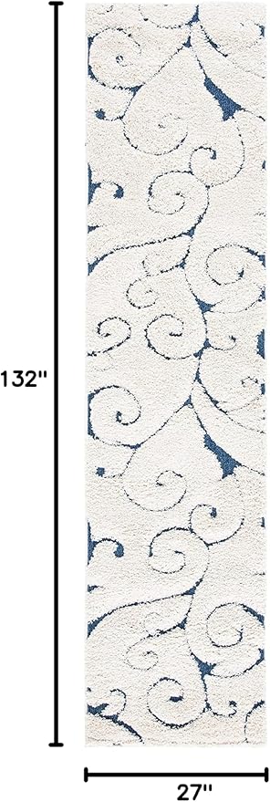 SAFAVIEH Florida Shag Collection Runner Rug - 2'3" x 11', Cream & Blue, Scroll Design, Non-Shedding & Easy to Clean, High-Low Plush Pile, Ideal for Bedroom, Foyer, Hallway (SG455-1165)