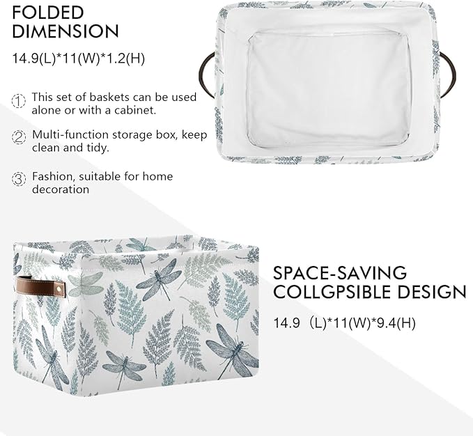 susiyo Large Foldable Storage Bin Fern Botanical Dragonfly Fabric Storage Baskets Collapsible Decorative Baskets Organizing Basket Bin with PU Handles for Shelves Home Closet Bedroom Living Room-1Pack