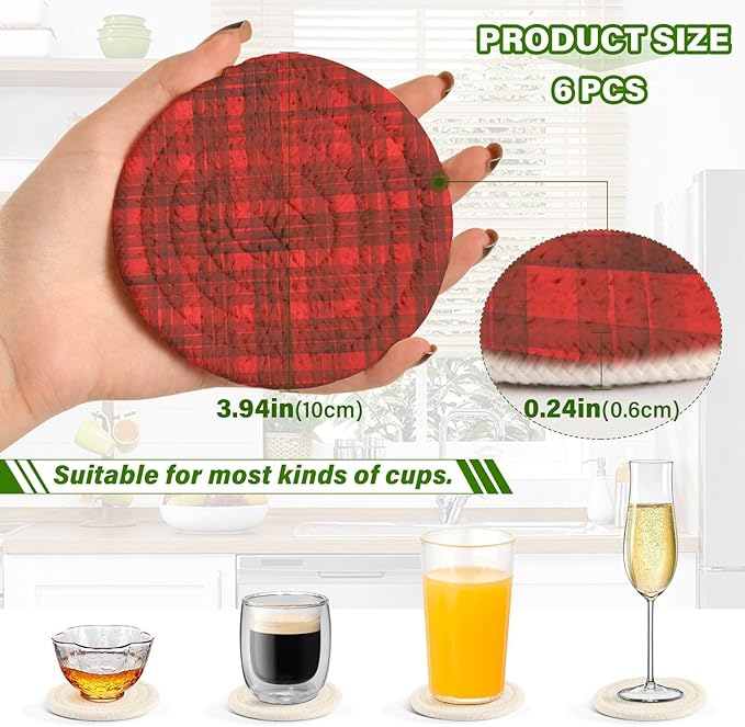Handmade Cotton Absorbent Coaster Set of 6, Stripe Plaid Drink Coasters, Minimalist Home Decor for Coffee Table, Kitchen, Housewarming and Wedding Registry Ideas