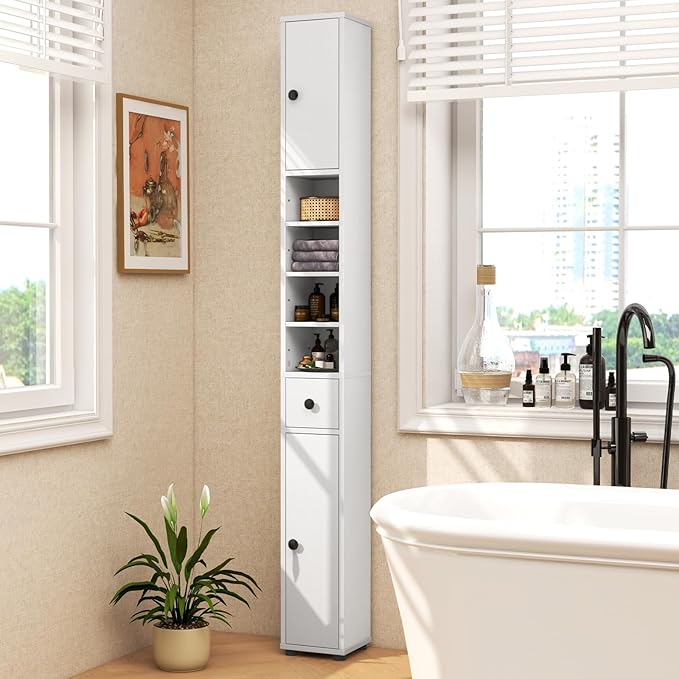 Giantex Slim Bathroom Storage Cabinet - 71” Tall Narrow Floor Cabinet Cupboard with 2 Doors, 5 Adjustable Shelves, 1 Drawer, Anti-Tipping Device, Thin Linen Tower Cabinet for Living Room (1, White)