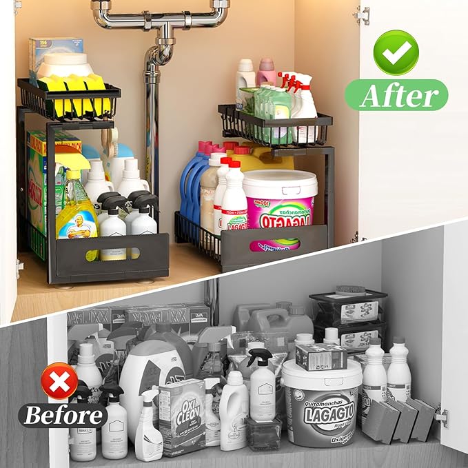 ADBIU Under Sink Organizer(10 Seconds Installation), 2 Packs 2 Tier Expandable Height (11" - 16") Bathroom Kitchen Organizers And Storage