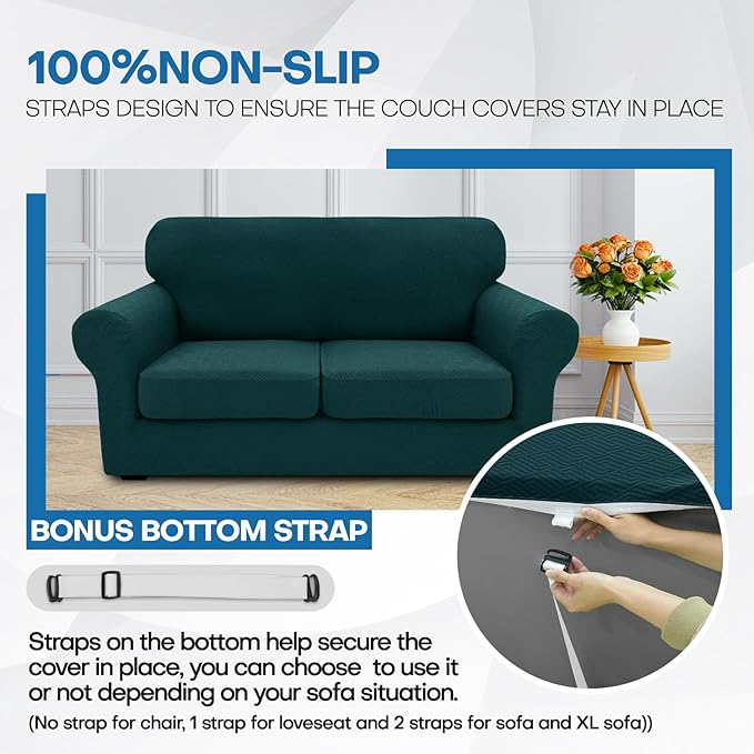 XINEAGE 2025 New 3 Pieces Couch Covers for 2 Cushion Sofa Super Stretch Loveseat Slipcover Pet Dog Universal Slip Cover Anti Slip Love Seat Furniture Protector (Blackish Green, 55"-69")