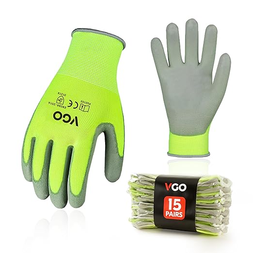 Vgo... 15-Pairs Safety Work Gloves, Gardening Gloves, Polyurethane Coated, Dipping Gloves, Latex Free (Size L, Yellow, PU2103)
