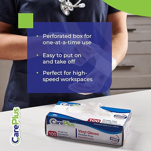 CARE PLUS Latex-Free Vinyl Gloves Clear Extra Large Size 100 Count | Heavy Duty, Non-Sterile, Powder-Free, Rubber | Food Prep, Kitchen & Cleaning Gloves, Ideal for Professional Use