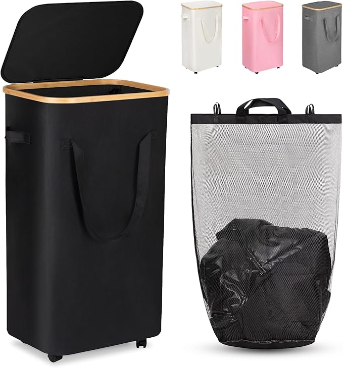 WELTRXE Laundry Hamper on Wheels 110L Large Clothes Basket with Lid and Extended Handles, Foldable Laundry Hamper for Bedroom, Bathroom, Dorm, Laundry Room, Black Rolling Laundry Basket with Wash Bag