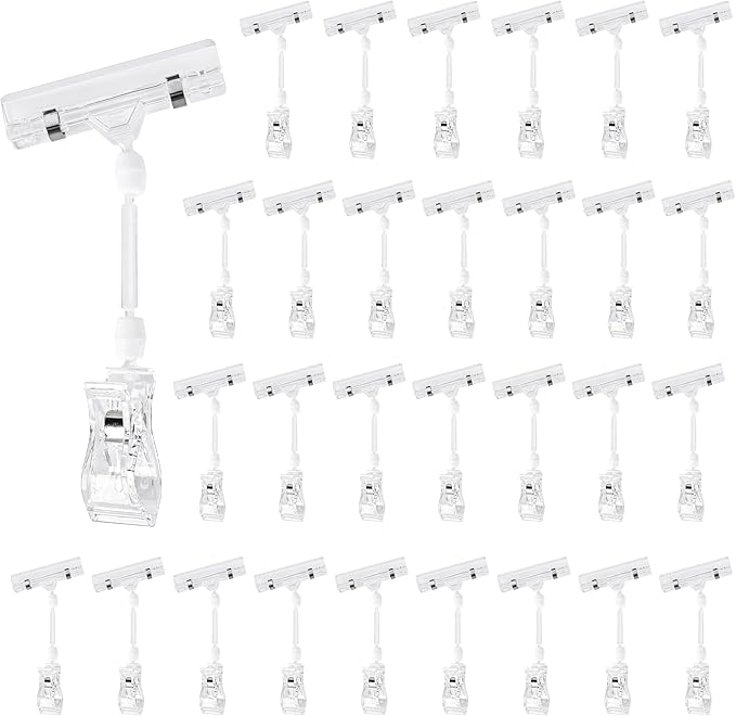 Clear Sign Clips on Merchandise Display 30 Pack Plastic Label Pop Clips on Sign Holder Shelf Double Sided Swivel Price Tag Clips on Clothing Rack Signs Rotatable Menu Clips for Sale Retail Display
