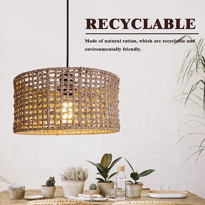 HuisMier Plug in Pendant Light with Hand Woven Rattan Lampshade, Dimmable Hanging Lamp with 15 FT Plug in Cord, Boho Pendant Light Fixture for Bedroom Kitchen Island Dinning Table