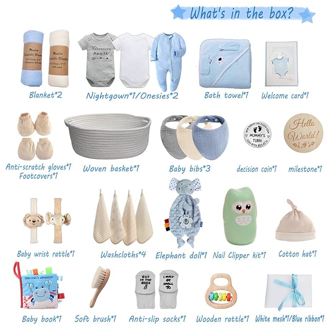 27-Piece Baby Shower Gifts for Boys, Newborn Essentials Must Haves,Large Baby Boy Gift Basket Set Essential Stuff,Gender Reveal Gifts,Rattle Swaddle,Blue,Baby Registry Search,Diaper Caddy Organizer