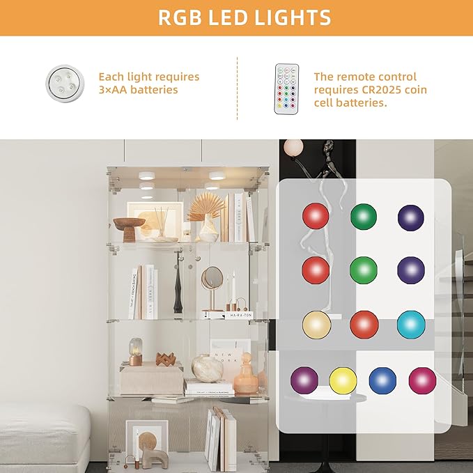 LFT HUIMEI2Y Glass Display Cabinet 4-Shelf with LED Light, Mirror and Lock, 2 Door Curio Cabinets, Tempered Glass Collection Display Showcase for Bedroom, Living Room 65”x 17”x 14” White