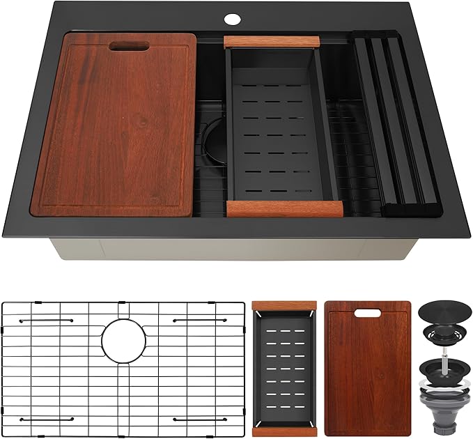 Drop In Black Kitchen Sink,Stainless Steel Sink 16 Gauge,Single Bowl Workstation Sinks (Black, 31" X 22")
