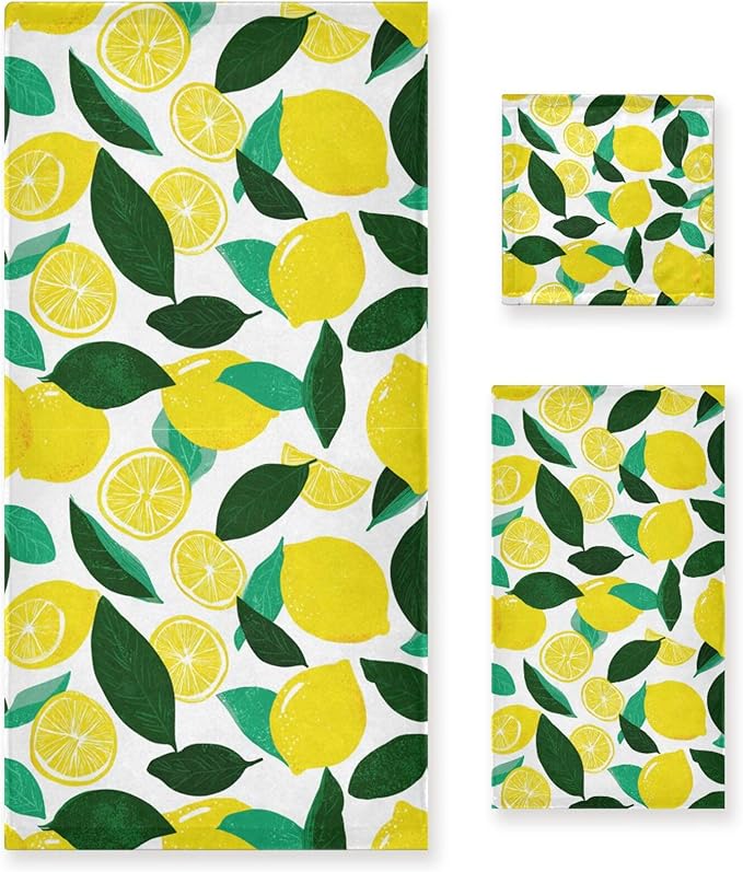 Fresh Lemon Towels Set of 3 Yellow Lemons Leaves Bathroom Towel Soft Absorbent Bath Hand Towels Washcloth Guest Towel Sets Bathroom Decorations