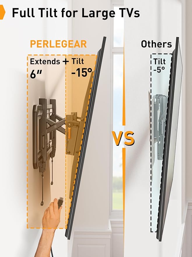 Perlegear Advanced Tilt TV Wall Mount, Pre-Assembled Tv Mount for Most 42-90 inch TVs up to 150 lbs, 6-inch Arm Extension, 15° Full Tilt, Fits 24″/16″ Wood Studs, Max VESA 600x400mm