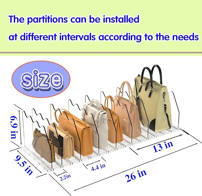 purse organizer for closet Sleek Transparent Acrylic Adjustable Organizer -shelf dividers Multifunctional for Home & Office Spaces (8 Baffles + 1 Hat Stand (Clear, 8+2)
