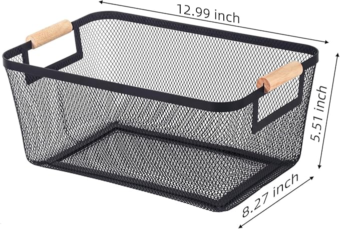 2-Pack Metal Mesh Basket, Medium Wire Storage Organizer with Wood Handle for Kitchen Pantry, Bathroom, Cabinet, Closet, Picnic & Home Organization, Medium, Black