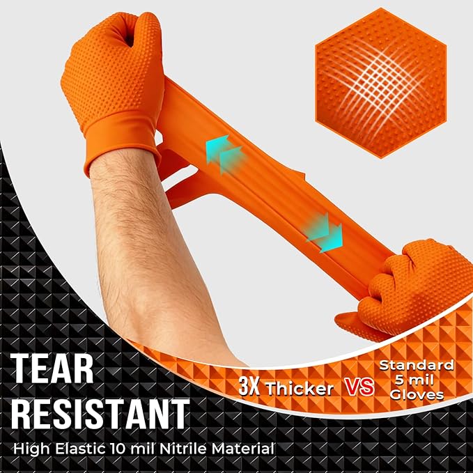 10 Mil Nitrile Disposable Gloves Heavy Duty Mechanic Gloves Raised Diamond Texture Thick (Orange of 1000,X-Large)