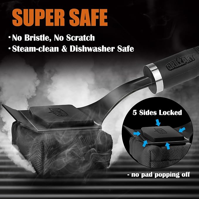 Grill Brush Bristle Free - Safe 17" Long Handle with Built-In Solid Scraper - Steam Clean Stubborn Grease Replaceable Head - Reinforced BBQ Accessories for All Grate Types - Gifts for Men Dad