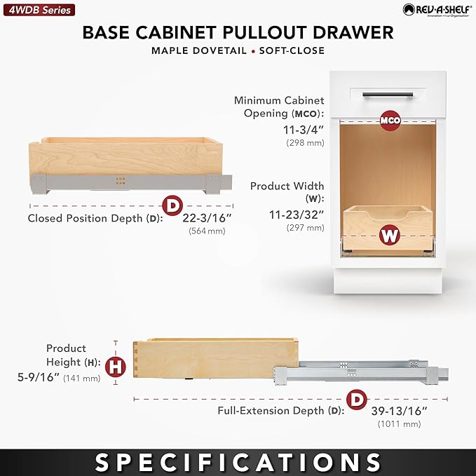 Rev-A-Shelf Standard Pullout Kitchen Cabinet Organizer and Drawer Box with Soft-Close for 15" Base and 11.75" W Cabinet Opening, Wood, 4WDB-12SC-1