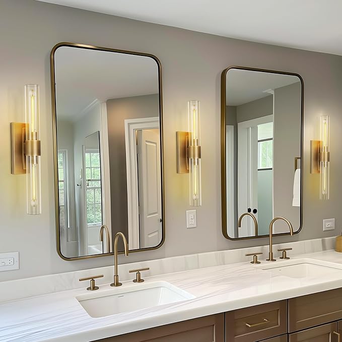Brass Vanity Light Hardwired, 2-Light Bathroom Wall Sconce Over Mirror, 22.8" Gold Vanity Lights for Bathroom, Dimmable Wall Sconce with Glass Tube, Linear Wall Sconces for vertical and horizontal