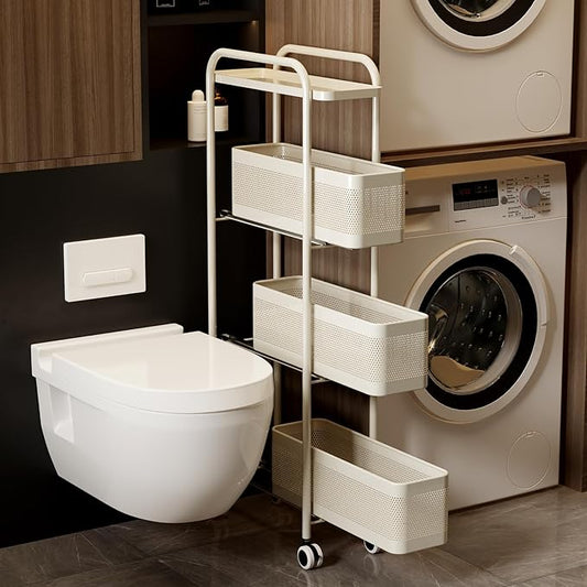 Slim Storage Cart 4 Tier with Pull Out Metal Basket Bathroom Organizer Rolling cart, Installation-Free Rolling Utility Cart Slide Out Organizer for Kitchen, Bathroom, Laundry (White, 4 Tier)