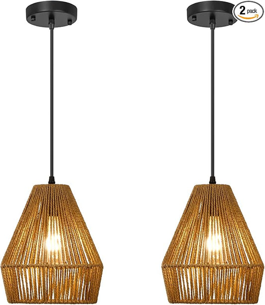 8.7'' Woven Rattan Pendant Lights Kitchen Island 2 Pack, Boho Pendant Light with Handwoven Wicker Shade, Coastal Farmhouse Hanging Light Fixture for Bedroom Dining Room Foyer Bar Hallway