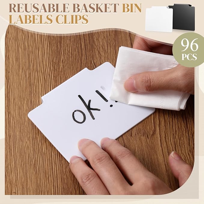 100 Pcs Basket Labels Clip Set for Storage Bins Include Removable PVC Bin Label Holders with Chalk Markers for Kitchen Pantry Organization Labeling Box Shelf 48+2 96+4 (Black White)