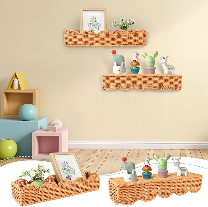 2 Set Nursery Book Shelves Scalloped Plastic Artificial Rattan Classroom Wall Shelf 15.8 Inch Wall Mounted Floating Bookshelve, Hanging Boho Wicker Woven Shelf for Bedroom Farmhouse Decor (2, Brown)