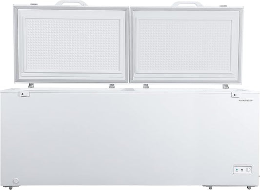 Hamilton Beach 25 Cu. Ft. Garage Ready Chest Freezer, White Deep Freezer, Adjustable Thermostat, Easy Defrost Drain, Double Door Lid, for Storage, Hunting, Large Family - 29"D x 79"W x 38"H