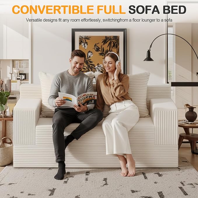 Convertible Sofa Bed, Loveseat Folding Floor Futon Sleeper Sofa Couch Bed- Boneless Foldable Couch, Corduroy Pull Out Sofa Bed with 2 Pillows for Living Room & Bedroom