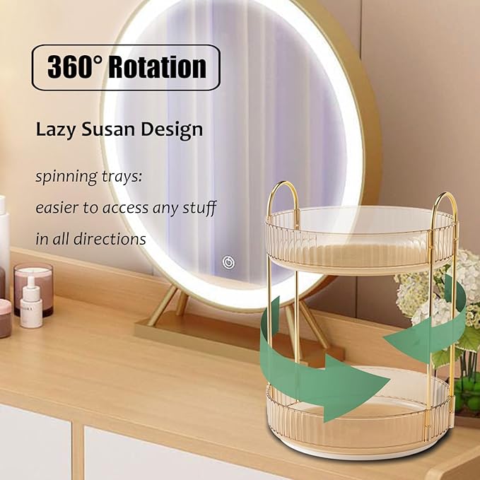 Rotating Makeup Organizer Countertop 2 Tier Lazy Susan Trays Clear Skincare Perfume Storage for Bathroom Counter Vanity, Amber Gold