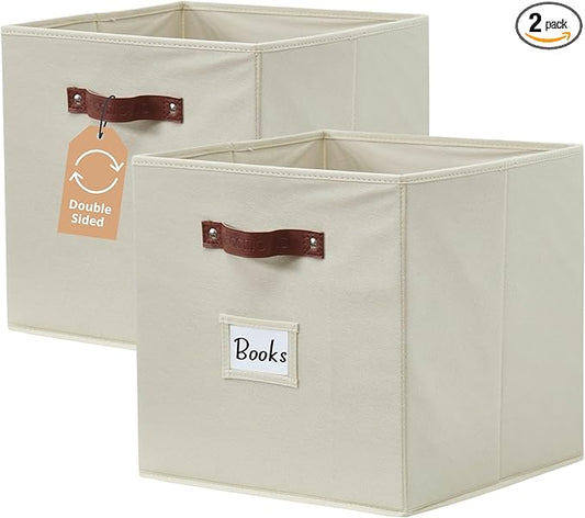DECOMOMO Storage Bins, Cube Storage Bin with Labels, Fabric Storage Cubes for Shelves (10.5" x 11" / 2pcs, Beige)