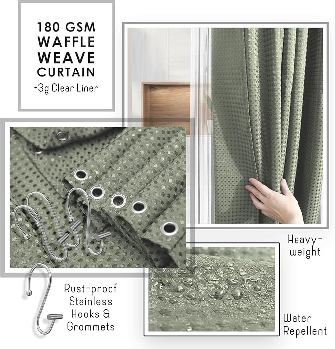 Clara Clark Bathroom Accessories Set - 27PC Bathroom Set with Adhesive Corner Shower Caddy Hanging, Bathroom Sets with Shower Curtain and Rugs, Sage Green Shower Curtain Set with Bathroom Trash Can