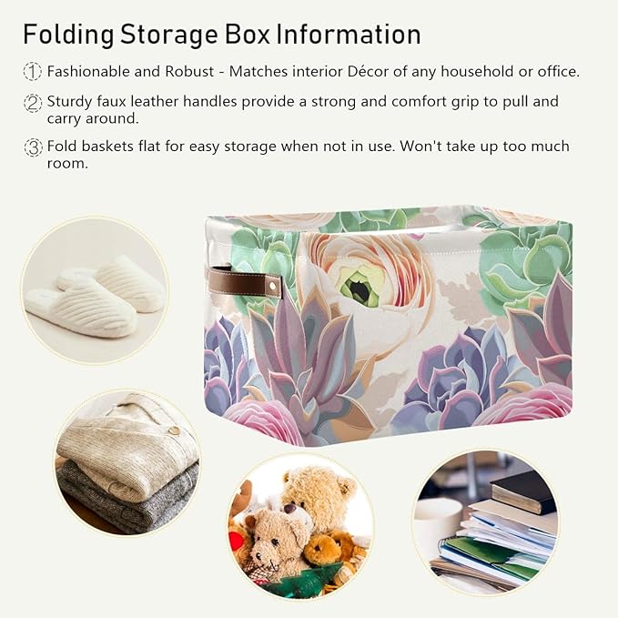 susiyo Large Foldable Storage Bin Succulent Flowers Cactus Fabric Storage Baskets Collapsible Decorative Baskets Organizing Basket Bin with PU Handles for Shelves Home Closet Bedroom Living Room-2Pack