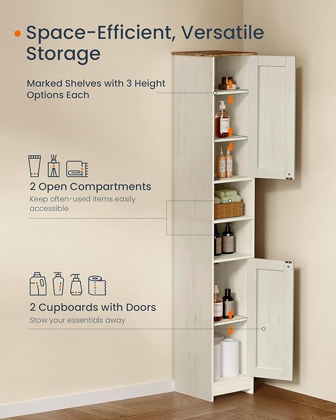 SONGMICS HOME 67" Tall Bathroom Storage Cabinet, Superfast Toolless Assembly, 11.8" Wide Slim Narrow Freestanding Cabinet with Adjustable Shelves, for Kitchen Living Room, Rustic White UBBC667WJ02S