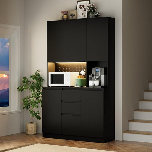 Tatub 74” Pantry Cabinet with Power Outlet, Kitchen Hutch with Storage & Microwave Shelf, Black Kitchen Pantry Storage Cabinet with LED Light Strip