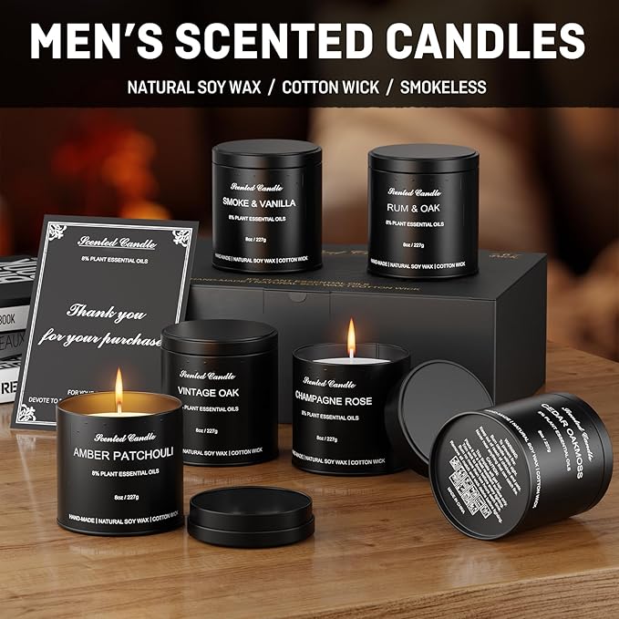 Scented Candles for Men, 6-Pack Luxury Soy Wax Candles Gift Set, 8% Essential Oil Masculine Aromatherapy Candles in Tin, Long Lasting Strong Scented Candles Gifts for Home, Father's Day