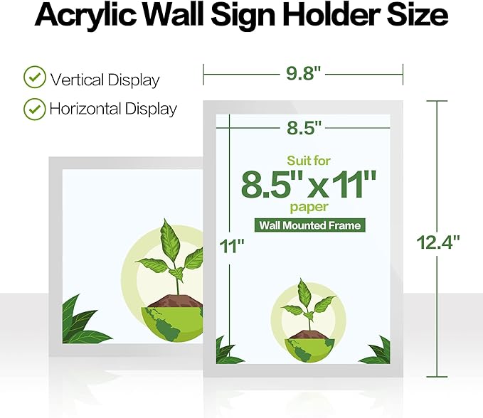 Acrylic Sign Holder 8.5" x 11" Wall Mount, Self Adhesive Magnetic Display Frame with Nano Tape, Plastic Clear Document Frame for Office, Store, School, Home, Wall Picture Frame (Silver, 5Pack)