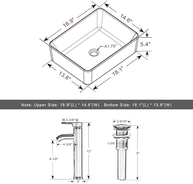 eclife 36" Modern Bathroom Vanity Sink Combo Freestanding Cabinet with Small Side Cabinet, White Rectangle Ceramic Vessel Sink, Water Save Faucet, Drain (Black+T03)