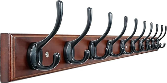 Dseap Coat Rack Wall Mounted: 10-Hooks, 38-1/4" Long, 16" Hole to Hole, Wood Coat Hooks Wall Mounted, Hook Rack, Hook Rail, Hooks for Hanging Coats, Light Walnut & Black