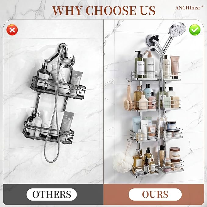 Adjustable Hanging Shower Caddy for Handheld Showerhead, 4-Tier Rustproof Shower Rack Baskets, Anti-Swing Hanging Shower Organizer for Bathroom Storage with 2 S-Hooks, Large Capacity, Silver