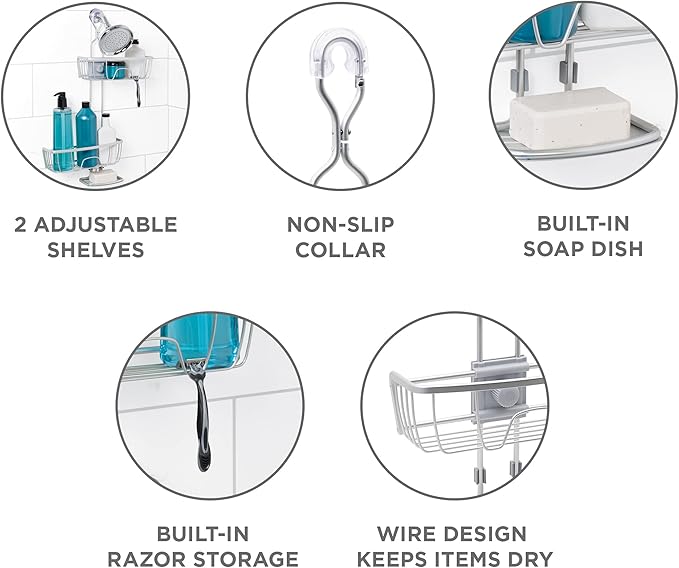 Zenna Home NeverRust Shower Caddy Hanging Bathroom Organizer, Aluminum Shower Rack with 2 Adjustable Shelves and Built in Hooks, Over Shower Head Storage System, Satin Chrome