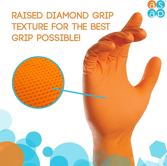 ASAP T-grip Orange Nitrile Gloves Disposable Latex Free 8 Mil, Raised Textured Grip Powder Free, Mechanic & Safety