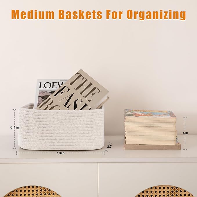 OIAHOMY 4 Pack Storage Baskets for Organizing, Small Bins for Shelves, Cute Decorative Storage Bins, Organizer Baskets for Gifts Empty,13''Lx8.7''Wx5.1''H, White