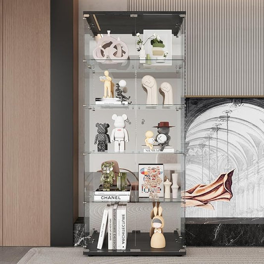LFT HUIMEI2Y Glass Display Cabinet 5-Shelf with Mirror and Lock, 2 Door Curio Cabinets, Tempered Glass Collection Display Showcase for Bedroom, Living Room Black
