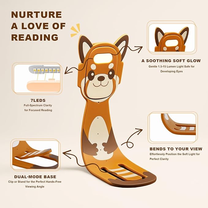 Rechargeable Kids Book Light, Cute Bookmark Reading Light for Kids, Dimmable Portable LED Book Light for Reading in Bed, Eye-Caring Bedtime Reading Lamp for Children & Travel, Brown