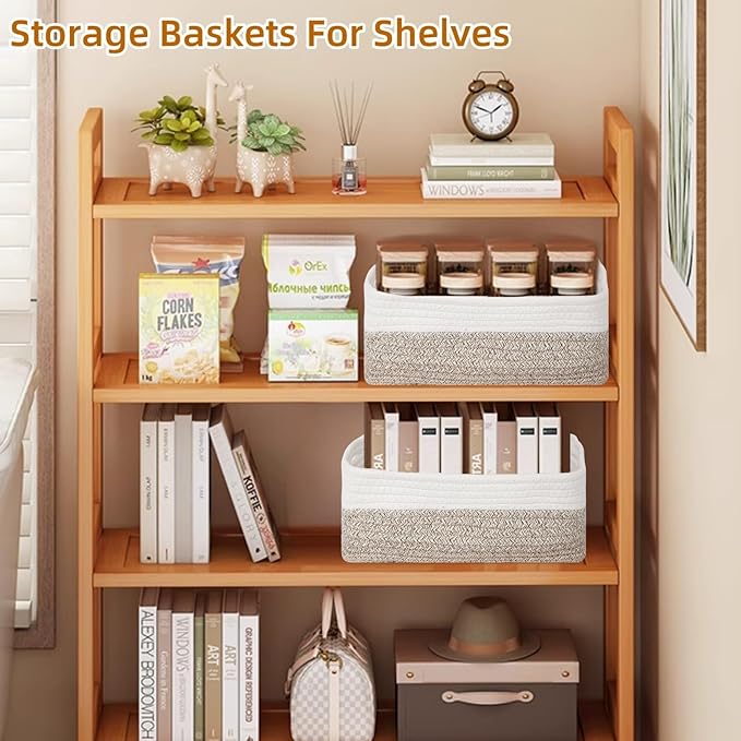 4 Pack Storage Baskets for Organizing, Small Storage Bins for Shelves, Woven Cotton Rope Baskets with Handles, Organizer Baskets for Gifts Empty, 12''Lx8''Wx4.5''H (Gradient Brown)
